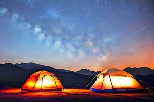 Camping tent in the mountains at sunset. The concept of travel and camping. AI Generative photo