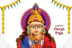 Goddess durga face in happy durga puja card background vector