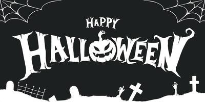 Happy halloween text on black background with tombstones and spider web vector