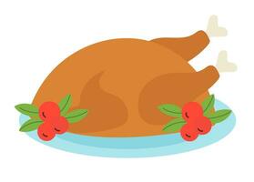 Roast Turkey on a dish with cranberries. Thanksgiving Day dish. Vector flat illustration.