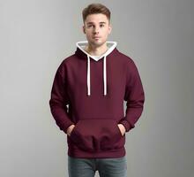 Young man wearing blank maroon hoodie mockup print presentation mockup ai generate photo