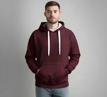 Young man wearing blank maroon hoodie mockup print presentation mockup ai generate photo