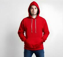 Young man wearing blank red hoodie mockup print presentation mockup ai generate photo