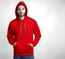 Young man wearing blank red hoodie mockup print presentation mockup ai generate photo