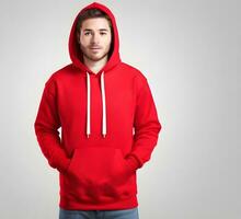 Young man wearing blank red hoodie mockup print presentation mockup ai generate photo