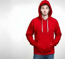 Young man wearing blank red hoodie mockup print presentation mockup ai generate photo