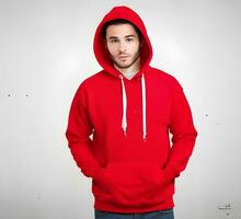 Young man wearing blank red hoodie mockup print presentation mockup ai generate photo