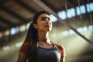 Female volleyball players are competing on the indoor volleyball court photo