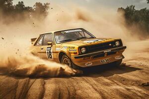 a racing car racing on dusty dirt tracks photo