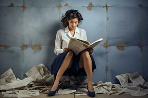 young attractive woman holding newspaper in hands in front of a dark colored wall photo