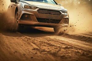 a racing car racing on dusty dirt tracks photo