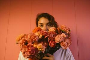 a beautiful lady with flowers standing in front of a brightly colored wall photo