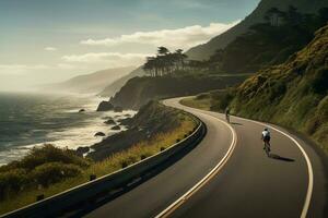 A man rides a bicycle on a riverside road with a beautiful view photo