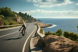 A man rides a bicycle on a riverside road with a beautiful view photo