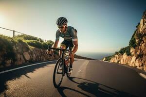 A man rides a bicycle on a riverside road with a beautiful view photo