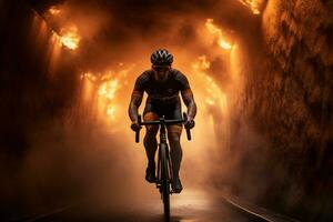 a cyclist riding his bicycle in the smoke of the hills photo