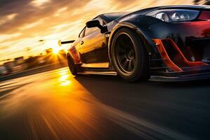 a racing car running at high speed on a race track photo