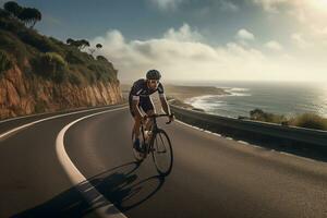 A man rides a bicycle on a riverside road with a beautiful view photo