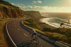 un hombre paseos un bicicleta en un orilla la carretera con un hermosa ver foto