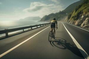 A man rides a bicycle on a riverside road with a beautiful view photo