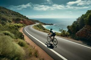 un hombre paseos un bicicleta en un orilla la carretera con un hermosa ver foto