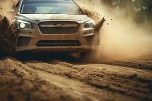 un carreras coche carreras en polvoriento suciedad pistas foto