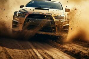 a racing car racing on dusty dirt tracks photo