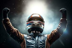 Race car driver express their joy at winning the race by raising their fists in the air photo