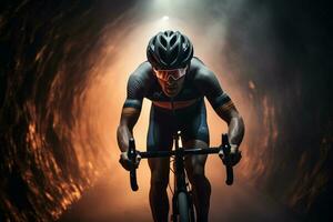 a cyclist riding his bicycle in the smoke of the hills photo