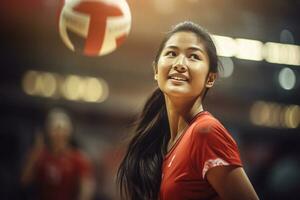 Female volleyball players are competing on the indoor volleyball court photo