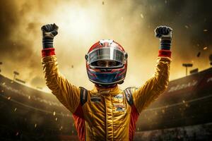 Race car driver express their joy at winning the race by raising their fists in the air photo