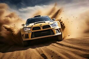 a racing car racing on dusty dirt tracks photo