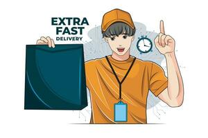 Online shopping and extra fast delivery. Delivery employee hold paper bag. Vector illustration pro download