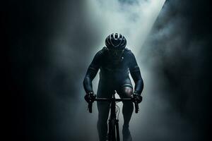 a cyclist riding his bicycle in the smoke of the hills photo