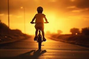 a man riding a bicycle on a road at sunset photo