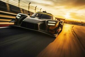 a racing car running at high speed on a race track photo