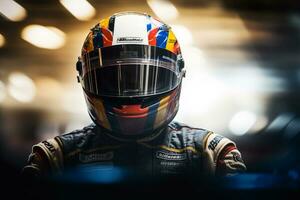 Racing car driver wearing helmet for competition photo