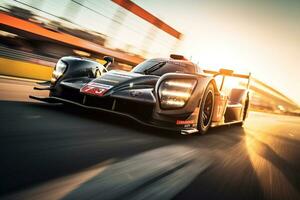 a racing car running at high speed on a race track photo