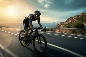 A man rides a bicycle on a riverside road with a beautiful view photo