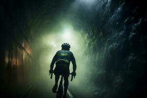 a cyclist riding his bicycle in the smoke of the hills photo