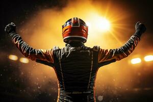 Race car driver express their joy at winning the race by raising their fists in the air photo