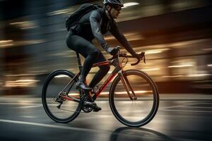 Man riding bicycle on city street in rush hour photo