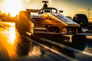 a racing car running at high speed on a race track photo