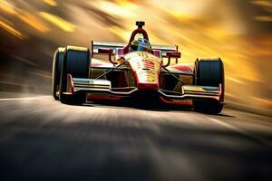 a racing car running at high speed on a race track photo