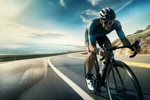 A man rides a bicycle on a riverside road with a beautiful view photo