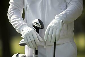 a man in a white shirt holding golf clubs at sunset photo