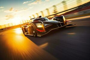 a racing car running at high speed on a race track photo