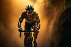 a cyclist riding his bicycle in the smoke of the hills photo