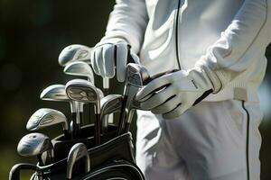 a man in a white shirt holding golf clubs at sunset photo