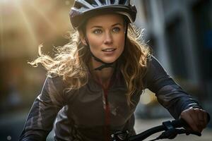 Woman riding bicycle on city street in rush hour photo